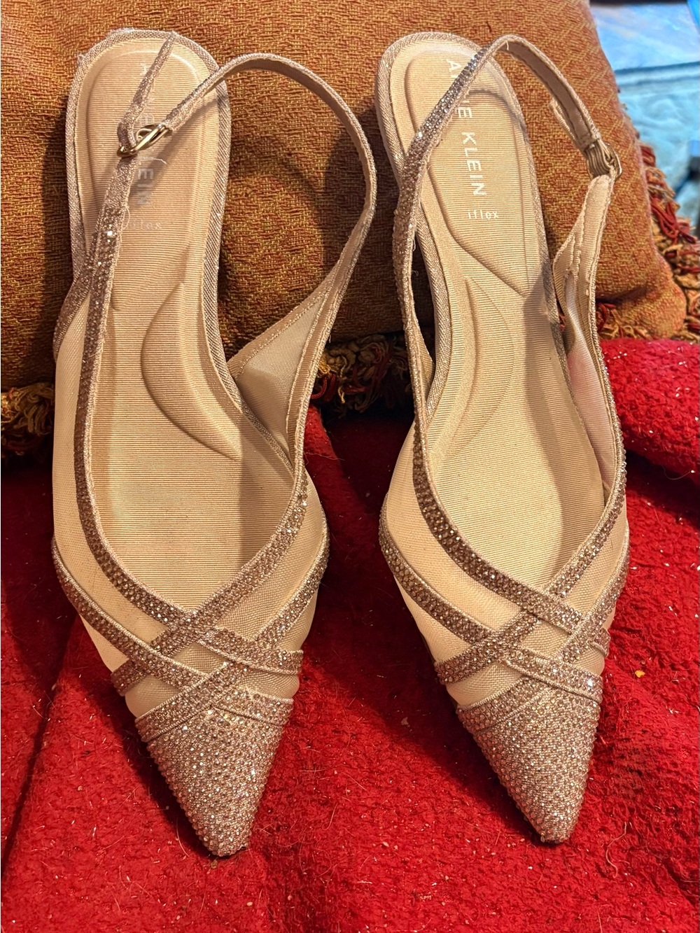 Anne Klein Champagne Glitter Pointed Slingback Flats
